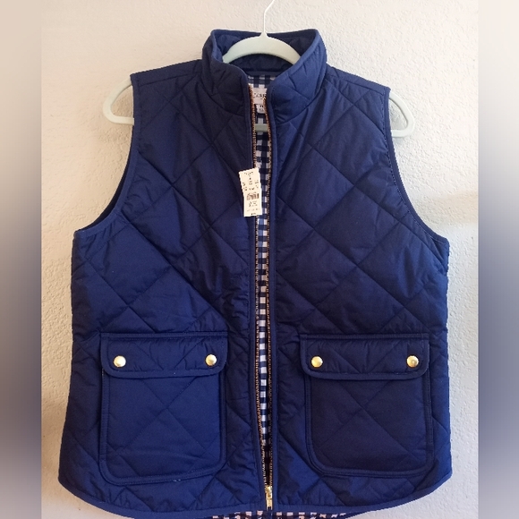 J. Crew Classic Navy Preppy Puffer Casual Vest Gold Zipper Buttons Plaid Lined M - Picture 5 of 7